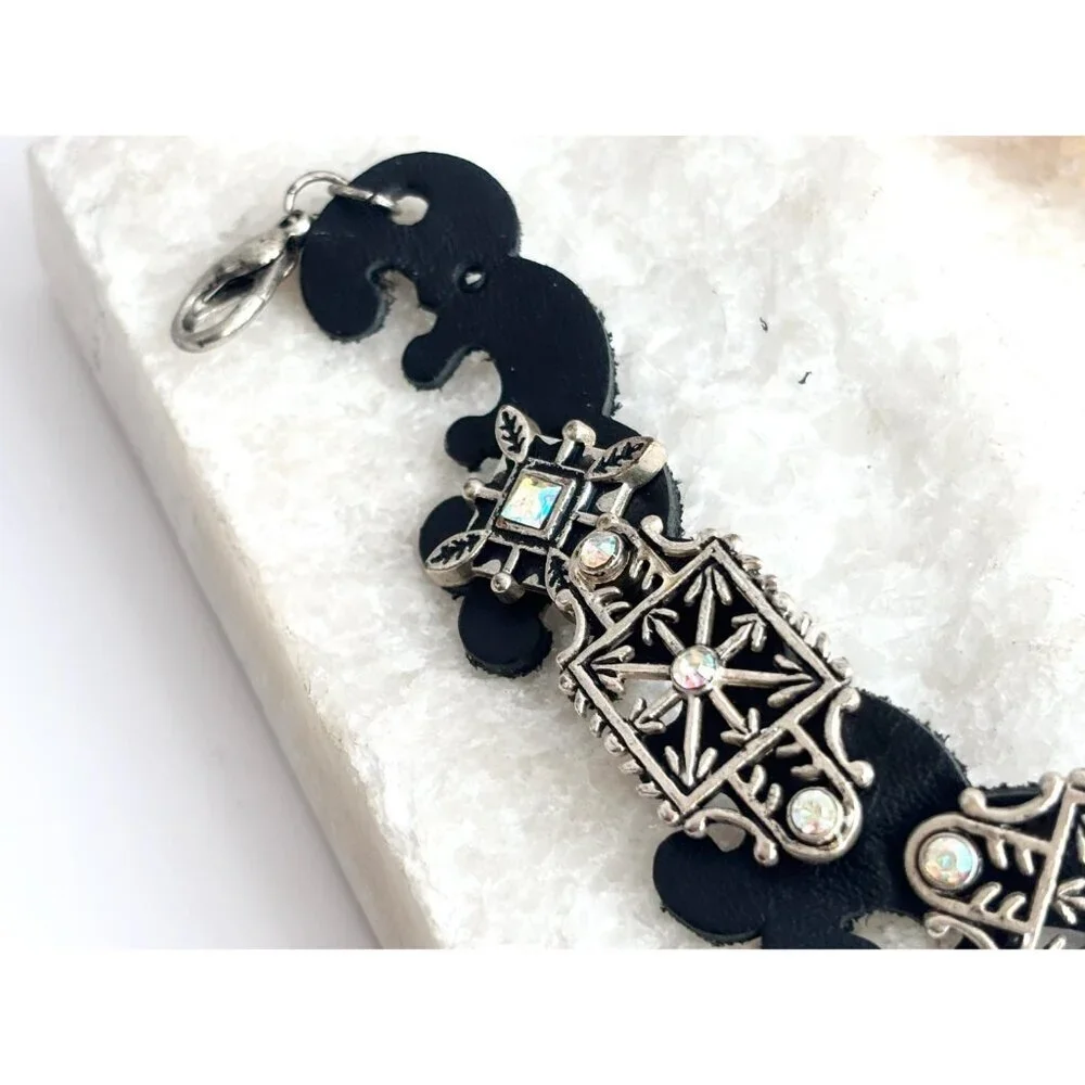 Faux Black Leather Boho Gemstone Silver T Adjustable Vintage Bracelet - 7